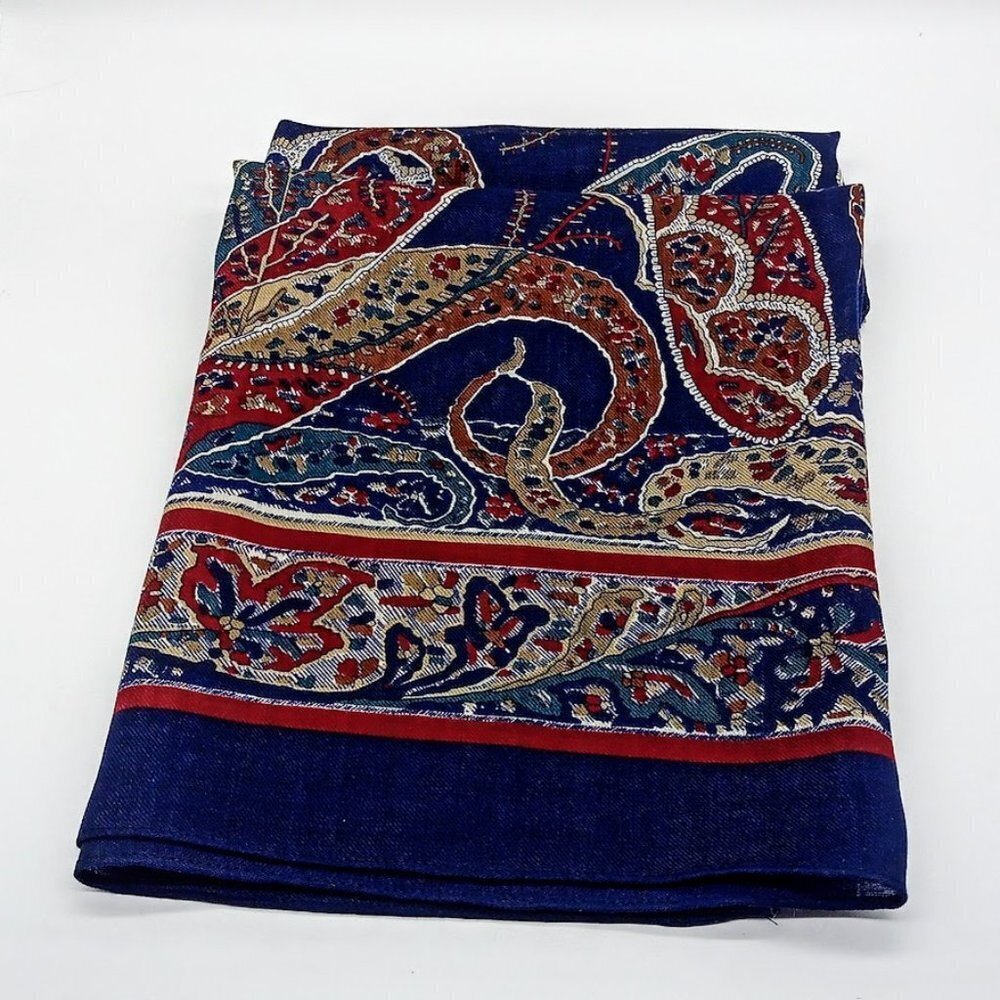 Vintage Echo Navy Blue Border Paisley Wool Square Scarf